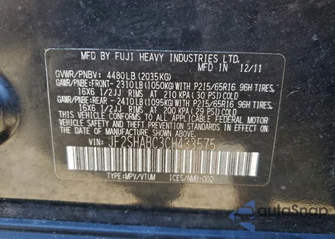 2012 Subaru Forester 2.5X from USA, damaged, VIN JF2SHABC3CH433575